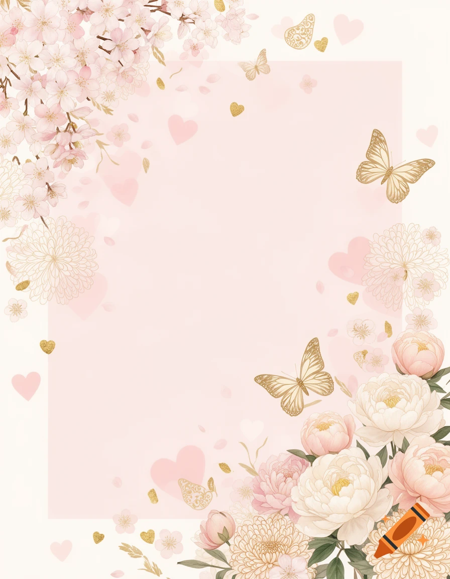 Pale pink background adorned with cherry blossoms, peonies, and roses in the corners, accented by golden butterflies and hearts.