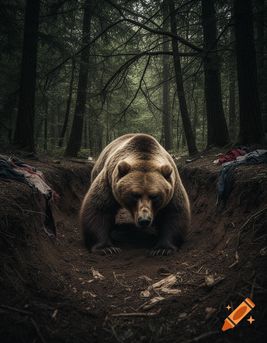 A large brown bear stands menacingly in a deep dirt pit within a dark, dense forest, looking directly forward.