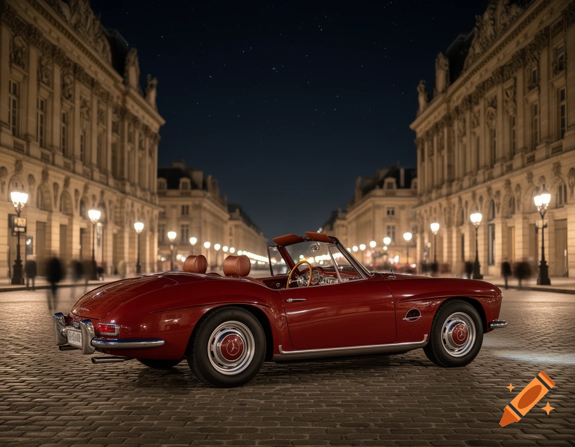A classic red convertible car parked on a cobblestone street at night, with ornate buildings and streetlights lining the road under a starry sky.