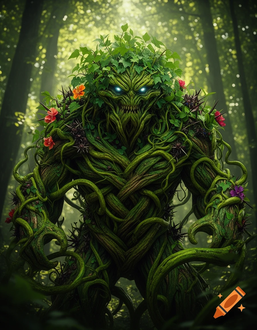 A menacing plant monster with glowing blue eyes, covered in vines, leaves, thorns, and small flowers in a lush forest.