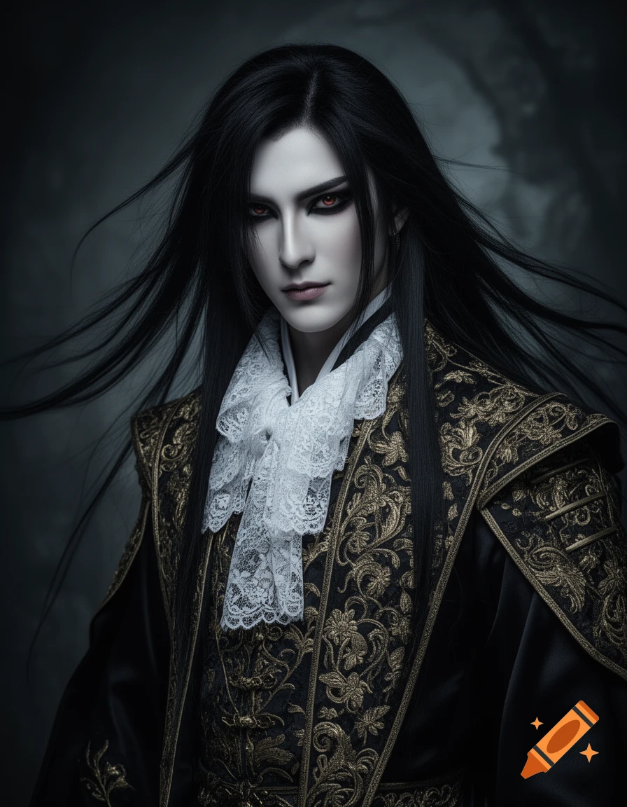 Photorealistic cinematic portrait of a pale-skinned male with long black hair, red eyes, and dark makeup, wearing an ornate black and gold embroidered jacket with white lace.