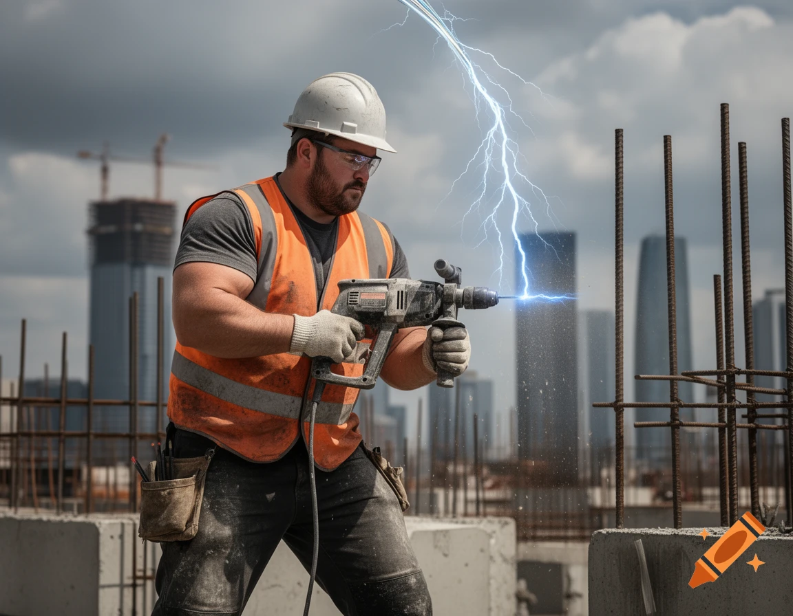 A muscular construction worker in a hard hat and safety vest holds a drill emitting lightning, standing on a construction site with city buildings in the background.
