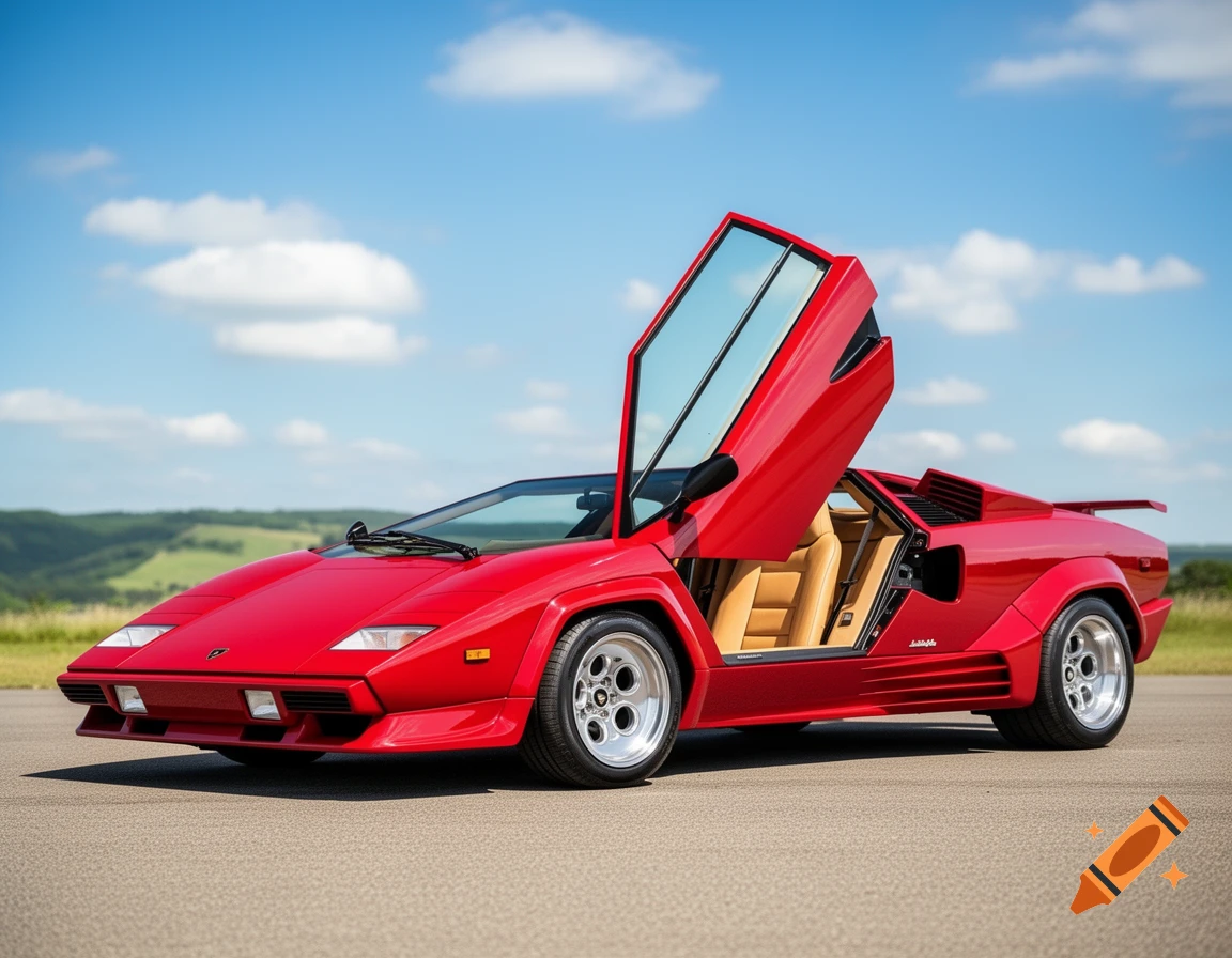 A vibrant red 25th anniversary Lamborghini Countach with its iconic scissor doors open, parked on an asphalt road with green hills and a blue sky in the background.