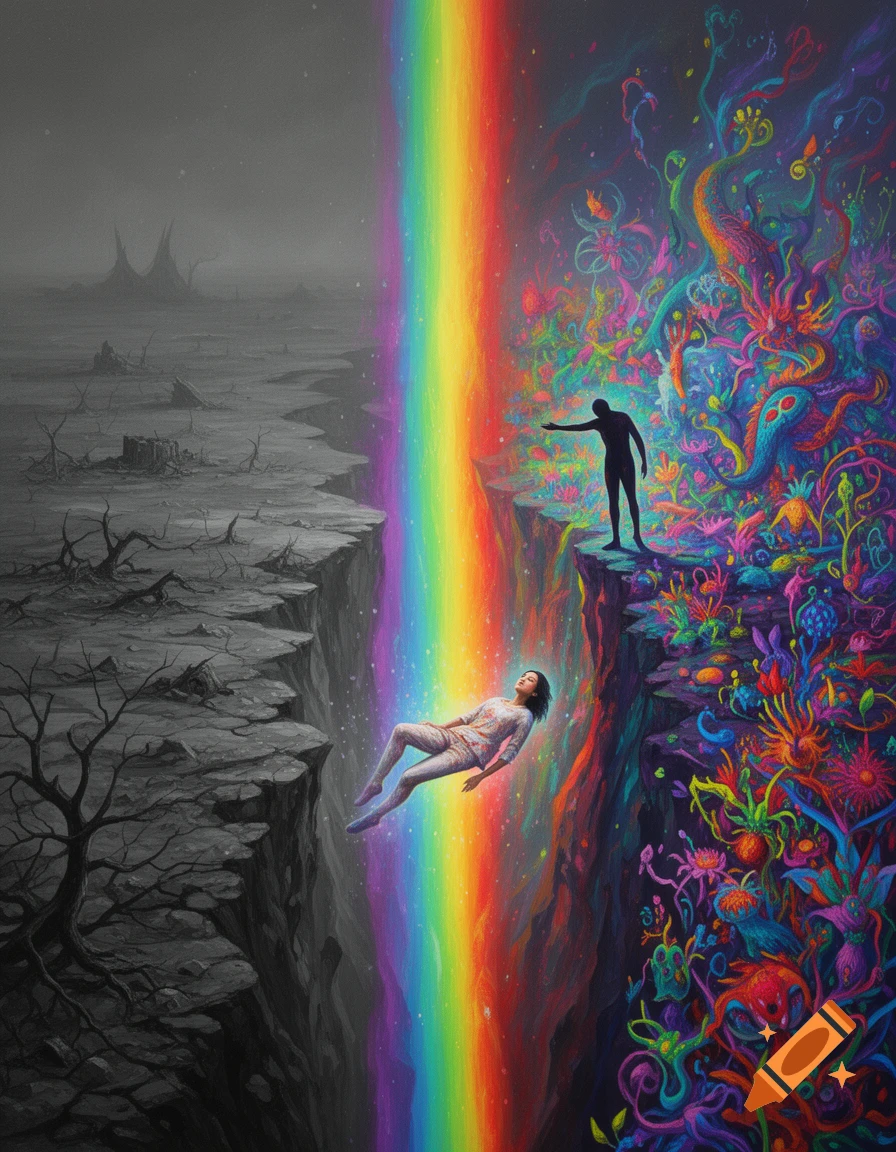Surreal digital painting: a rainbow splits a grayscale wasteland from a vibrant, colorful world. One person floats, another reaches.
