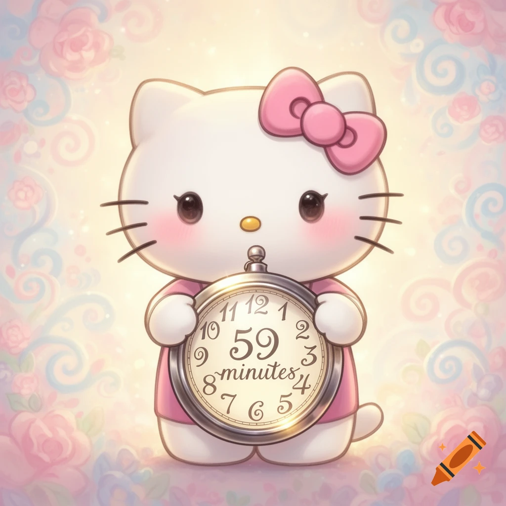 A cute Hello Kitty-style cat holds a pocket watch displaying "59 minutes" against a soft, floral background.