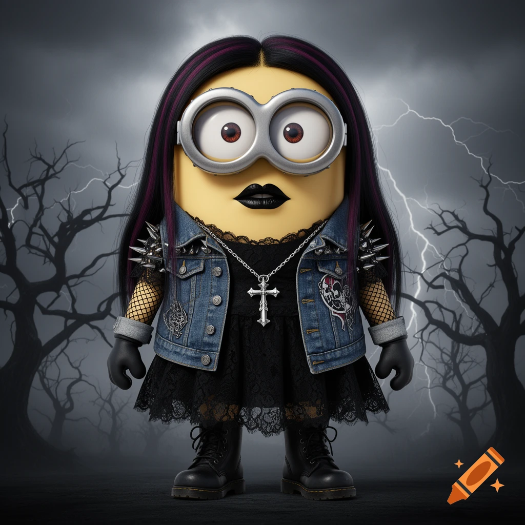 A Minion dressed as a goth girl, with dark hair, black lipstick, a spiked denim vest, black lace dress, and combat boots, stands in a stormy forest.