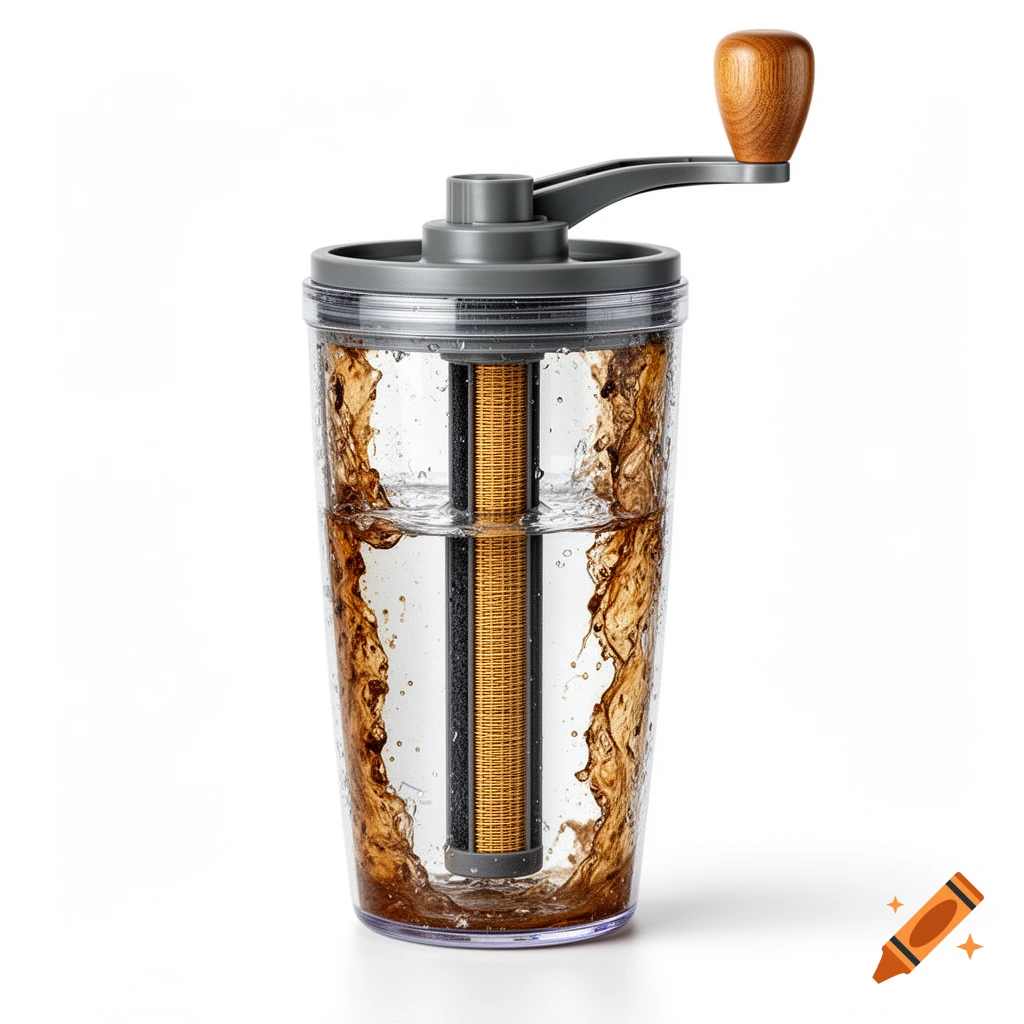 Clear water purifier tumbler with a hand crank. Brown liquid splatters against walls, a central filter purifies water. Product photo.
