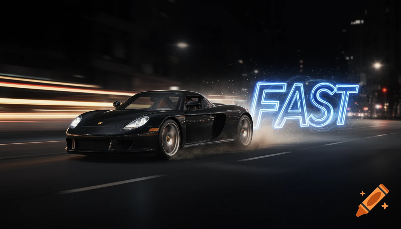 A black Porsche speeds down a dark road at night, with 'FAST' glowing in neon blue behind it.