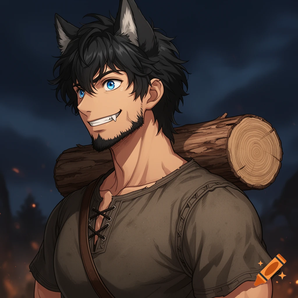 A grinning anime man with wolf ears, black hair, beard, and fangs, carrying a log on his right shoulder in a dark forest setting.