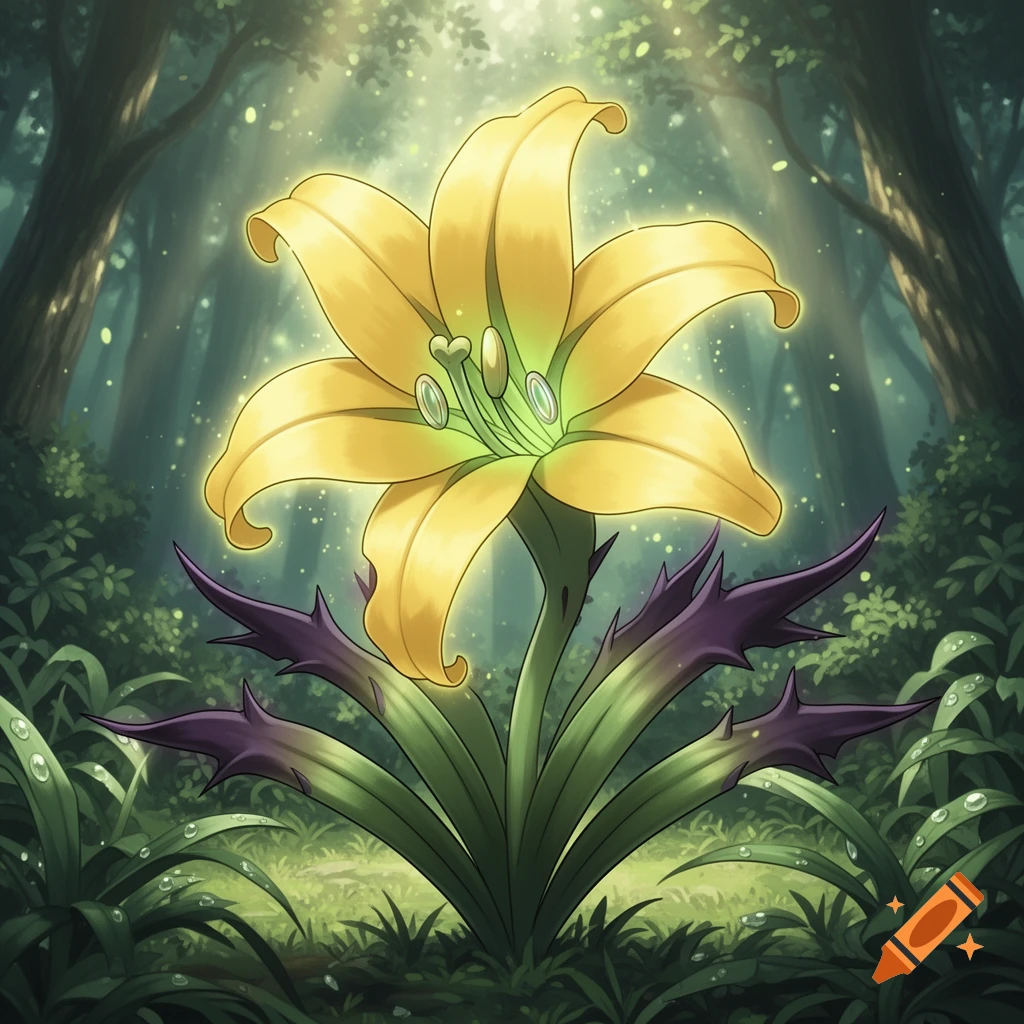 A glowing, stylized yellow lily with purple thorny leaves in a mystical, sun-dappled forest, anime art style.