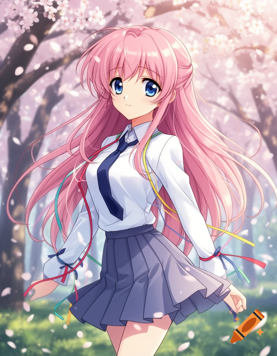 An anime girl with long pink hair and blue eyes, wearing a white shirt, blue tie, and grey pleated skirt, stands in a cherry blossom garden.