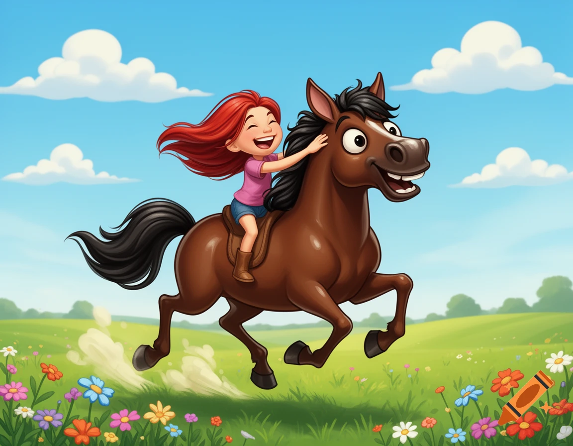 Happy cartoon girl with red hair rides a brown horse through a sunny, flower-filled meadow.