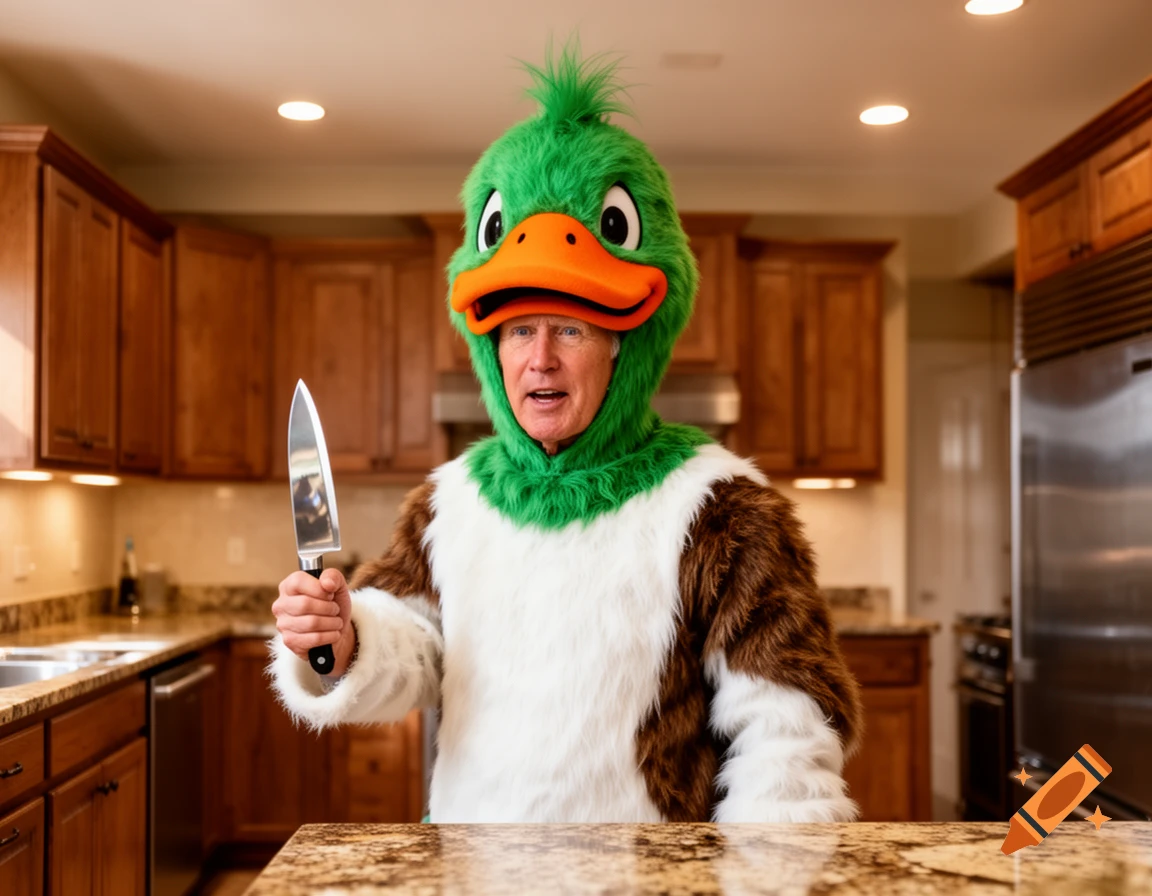 Joe Biden in a green duck costume holds a knife in a kitchen.