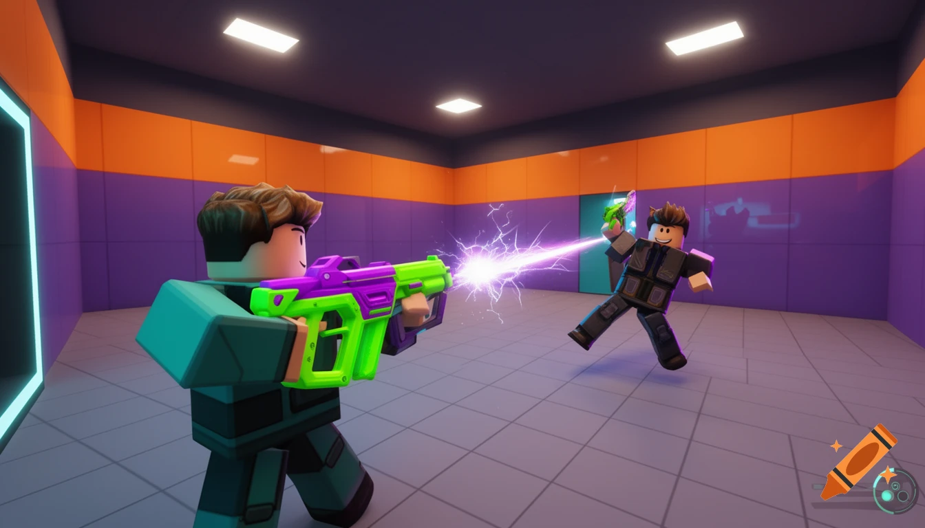 Two vibrant, cartoonish Roblox-style players in a laser tag arena. One player fires a neon green and purple laser gun at another dodging player.