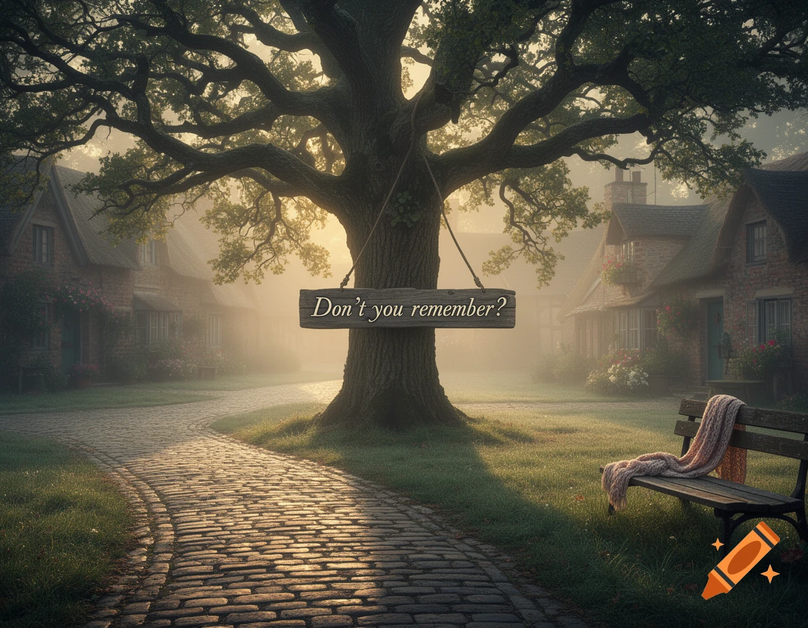 A cobblestone path leads through a misty, sunlit village towards a large oak tree with a sign reading "Don't you remember?"