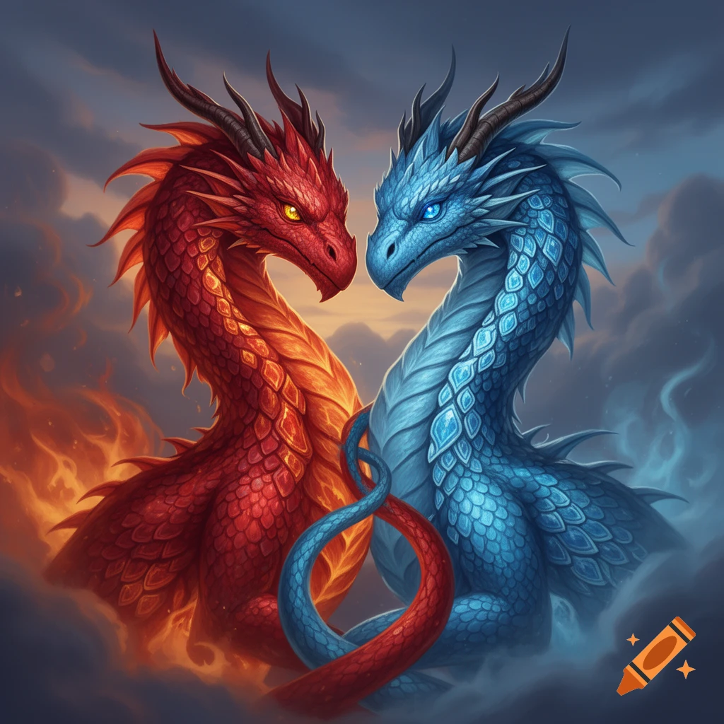 Stylized red and blue dragons intertwined, forming a heart shape amidst fiery and icy clouds.