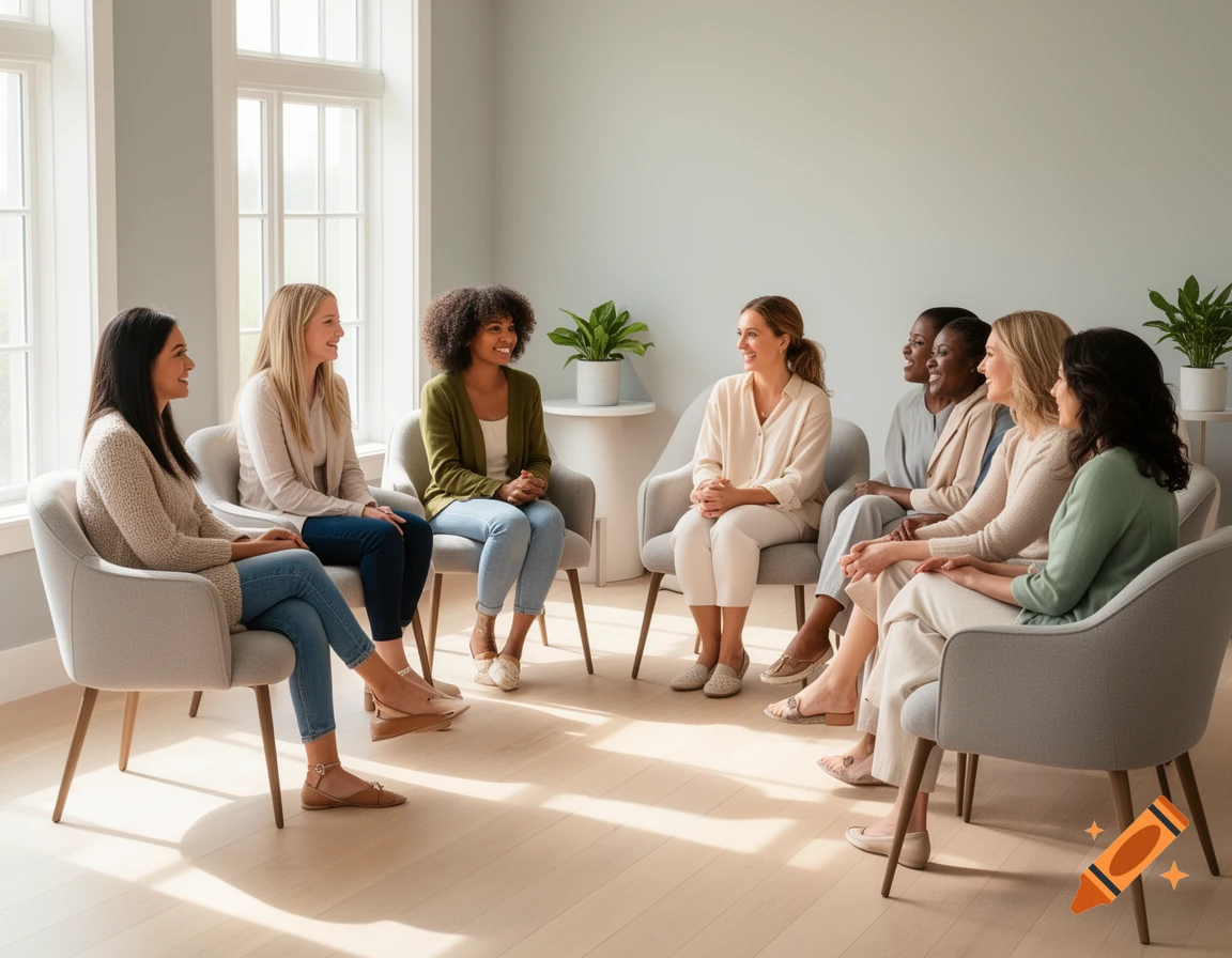 Seven diverse women sit in a bright, modern room, conversing in a semicircle.