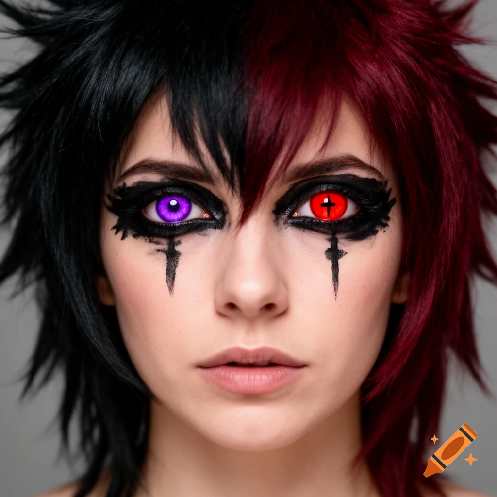 Close-up portrait of a person with split black and red hair, one purple eye, and one red eye with a cross-shaped pupil, wearing dramatic black eyeliner.
