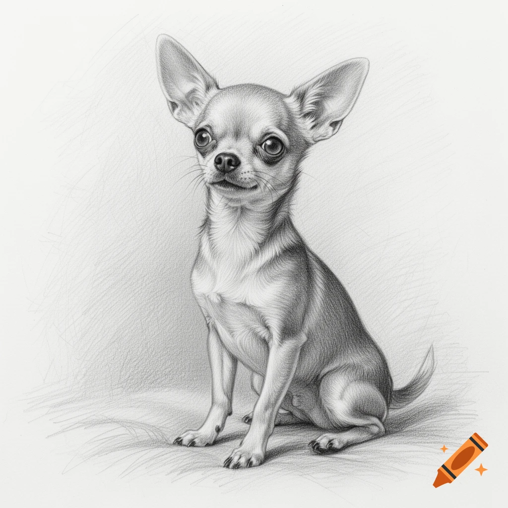 Pencil sketch of a sitting Chihuahua with large ears, looking forward.