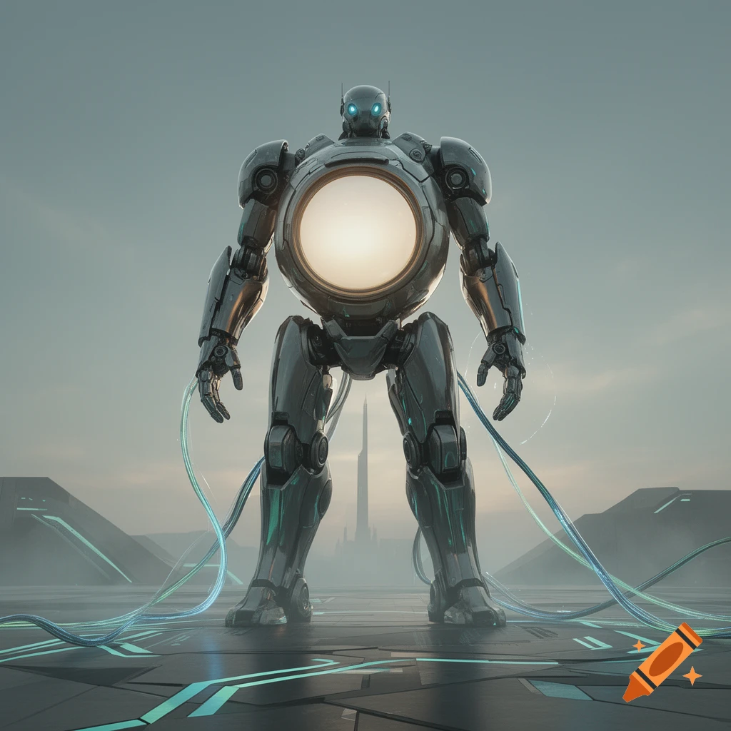 A metallic, dark grey robot with glowing blue eyes and a large, glowing white circle on its chest stands on a futuristic platform. Blue cables trail from its arms to the glowing ground, with futuristic buildings in the misty background.