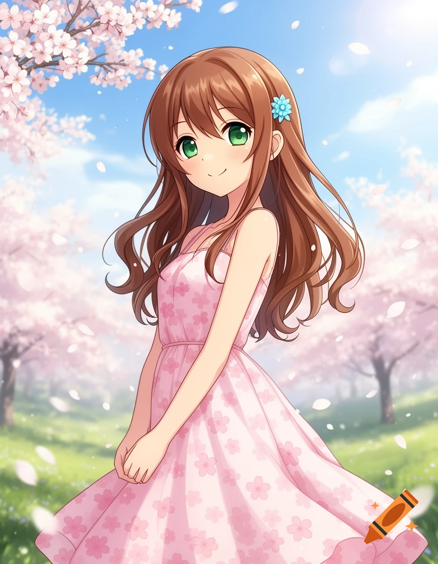An anime girl with brown hair and green eyes, wearing a pink dress, stands smiling in a field of cherry blossoms under a blue sky.