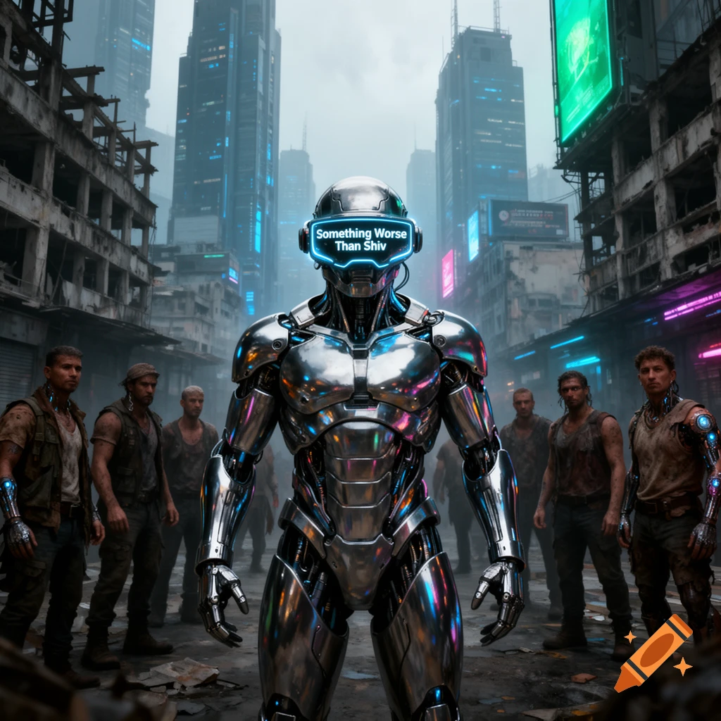 A chrome robot with a glowing visor stands on a dystopian city street, flanked by men, with neon signs in the background.