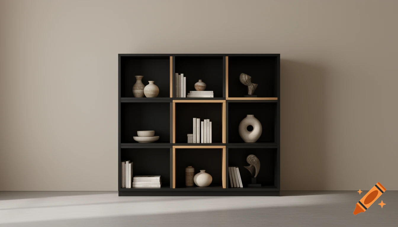 A modern black modular shelving unit with light wood inserts, displaying ceramic vases, bowls, and stacks of books against a beige wall.