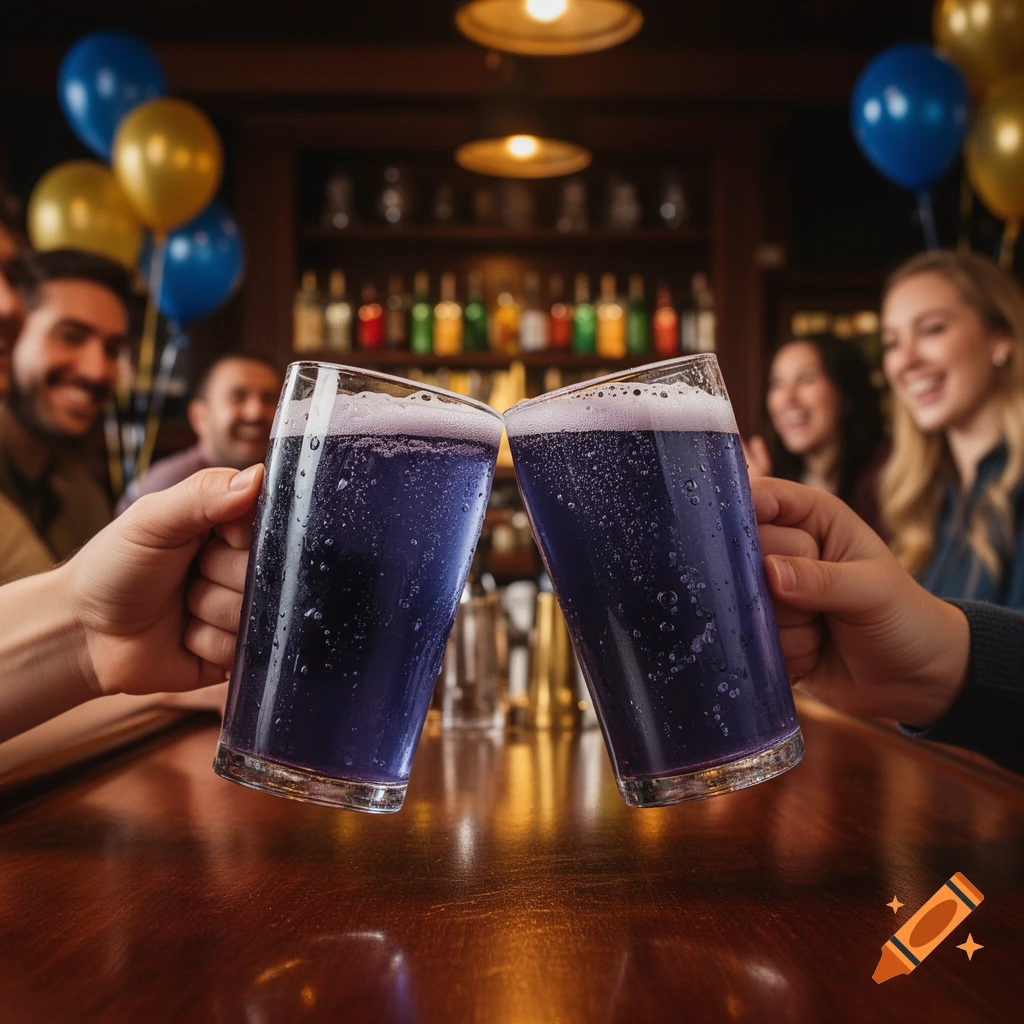 Two hands clink glasses of purple bubbly drinks at a wooden bar, with blurred happy people and balloons in the background.