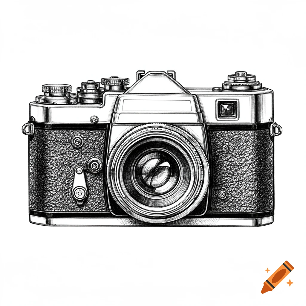 A detailed black and white line art sketch of a retro film camera, centered on a white background.