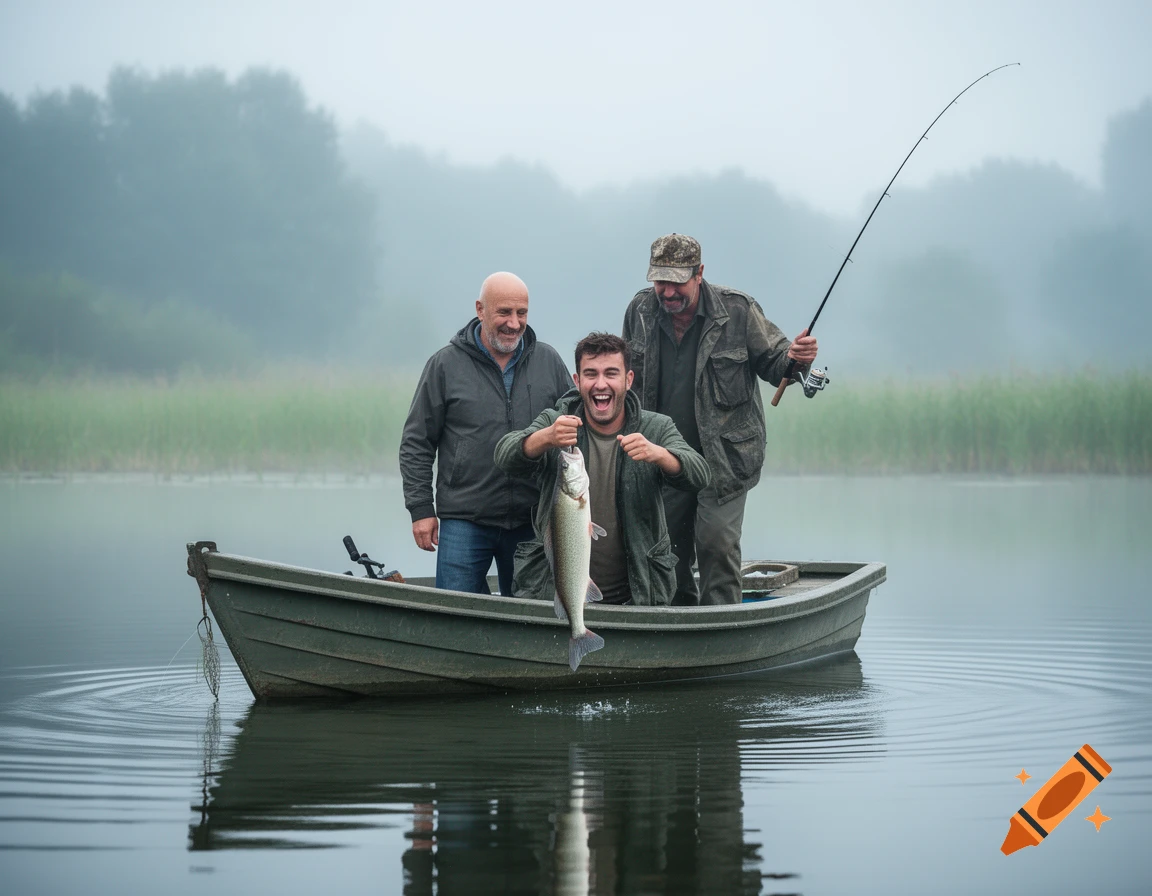 Three men in a boat on a misty lake, one holding up a fish and cheering, flanked by two others.