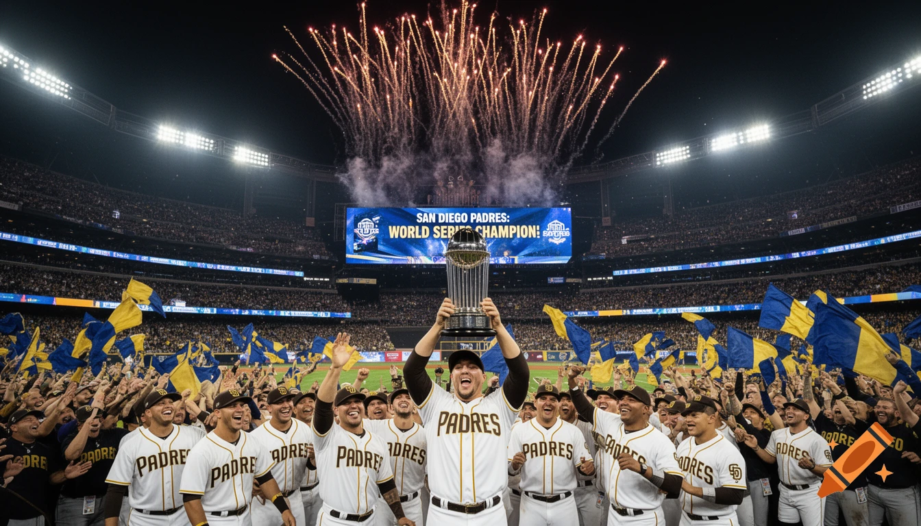 San Diego Padres baseball players celebrating a World Series win, holding a trophy in a crowded stadium with fireworks overhead, photorealistic.