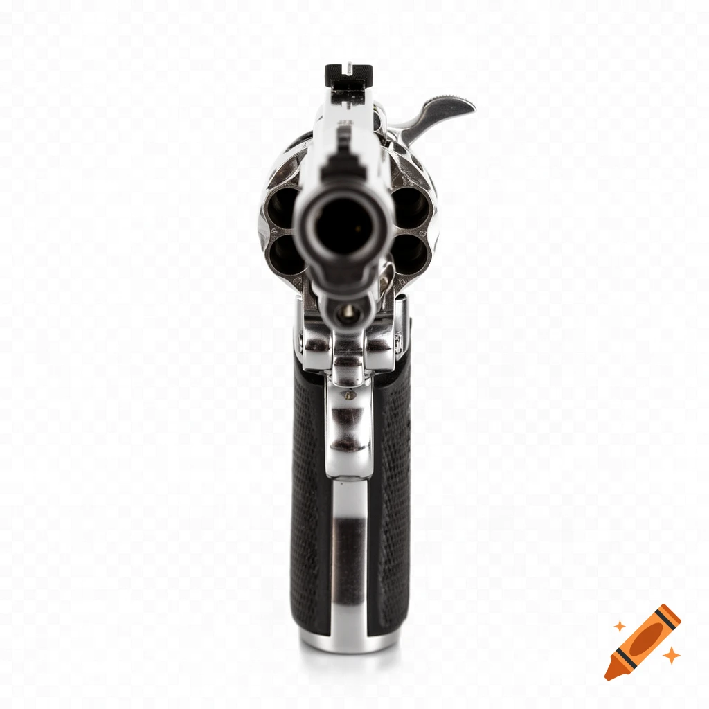 A photorealistic, detailed image of a silver revolver with a black grip, seen head-on as it aims straight ahead, on a transparent background.