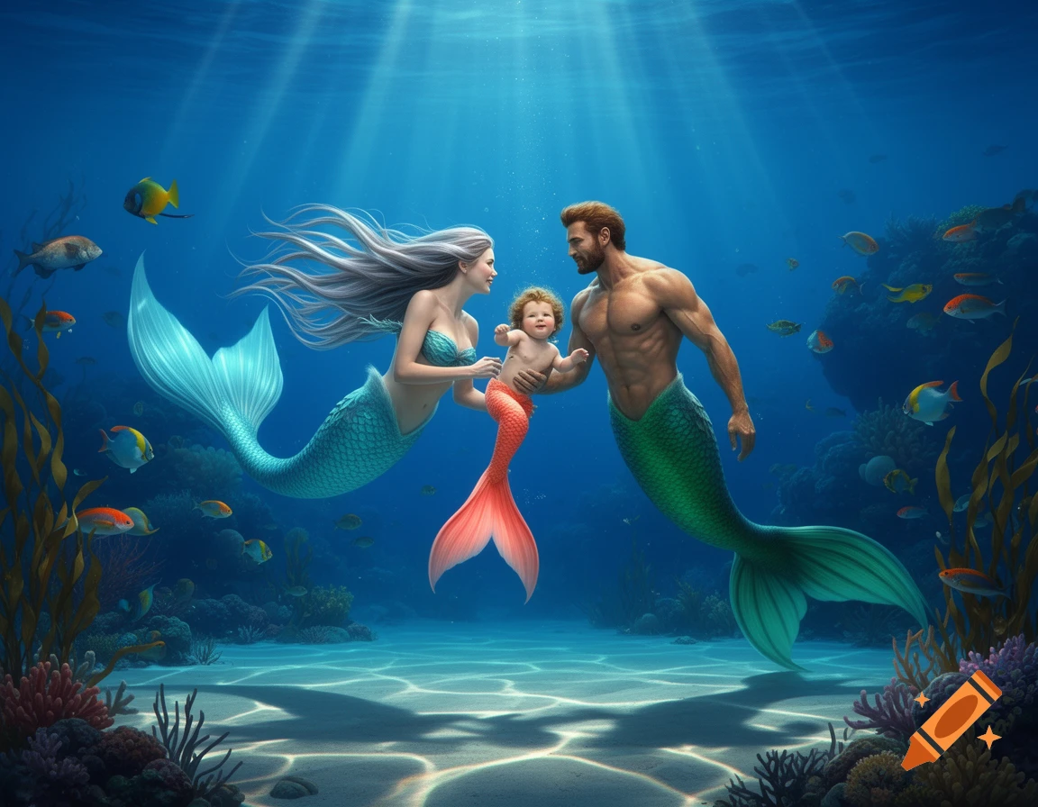 A photorealistic mermaid family, with a merman, a mermaid, and a baby mermaid, swimming happily underwater amidst colorful fish and coral.