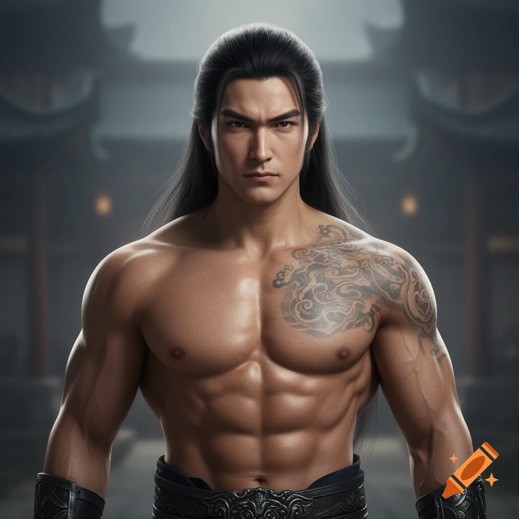 Muscular man with long black hair and a chest tattoo, wearing dark armor, standing in a temple.