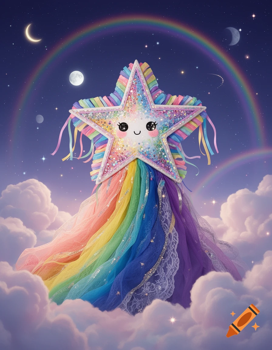 A cute, sparkling star character in a vibrant rainbow dress floats on clouds under a night sky with moons and rainbows.