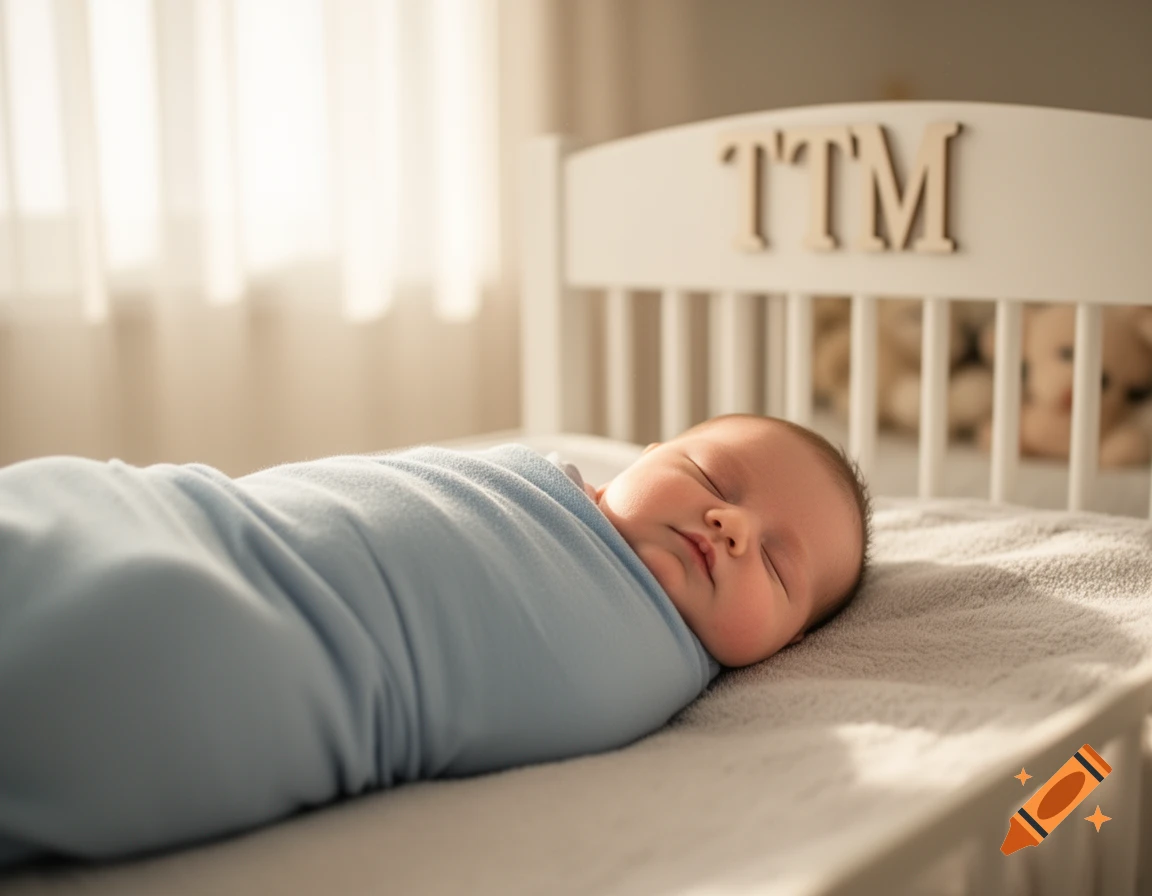 A photorealistic image of a newborn baby swaddled in blue, sleeping peacefully in a white crib with the letters 'TTM' on the headboard.
