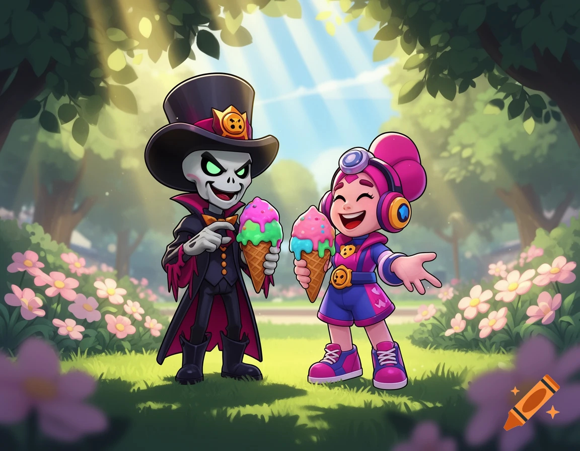 A cartoon skeleton character in a top hat and a girl with pink pigtails and headphones happily hold ice cream cones in a sunny, flower-filled park.