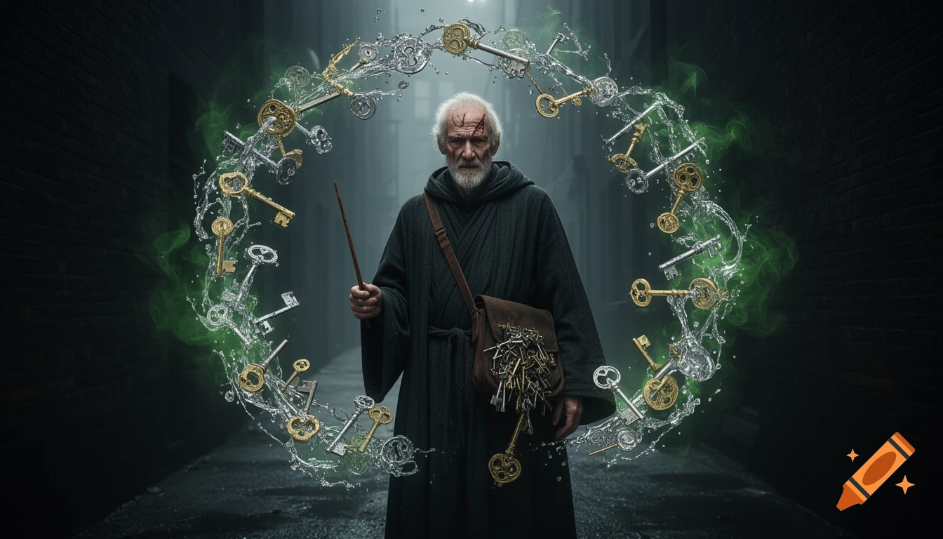 An old, scarred wizard in dark robes stands in a shadowy alley, holding a wand, surrounded by a magical swirl of keys.