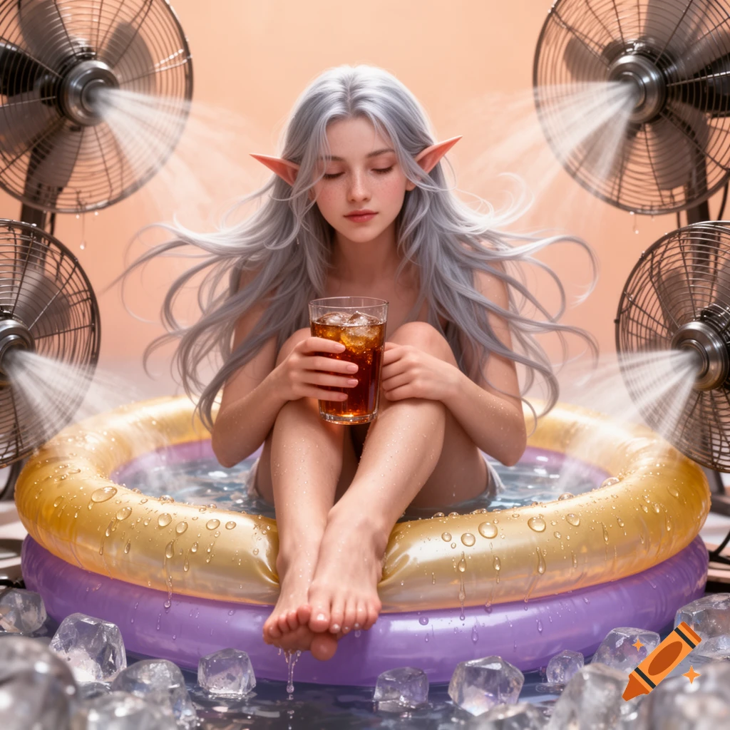 A young elf woman with long silver hair sits in an inflatable pool with ice water, holding a drink, surrounded by fans.
