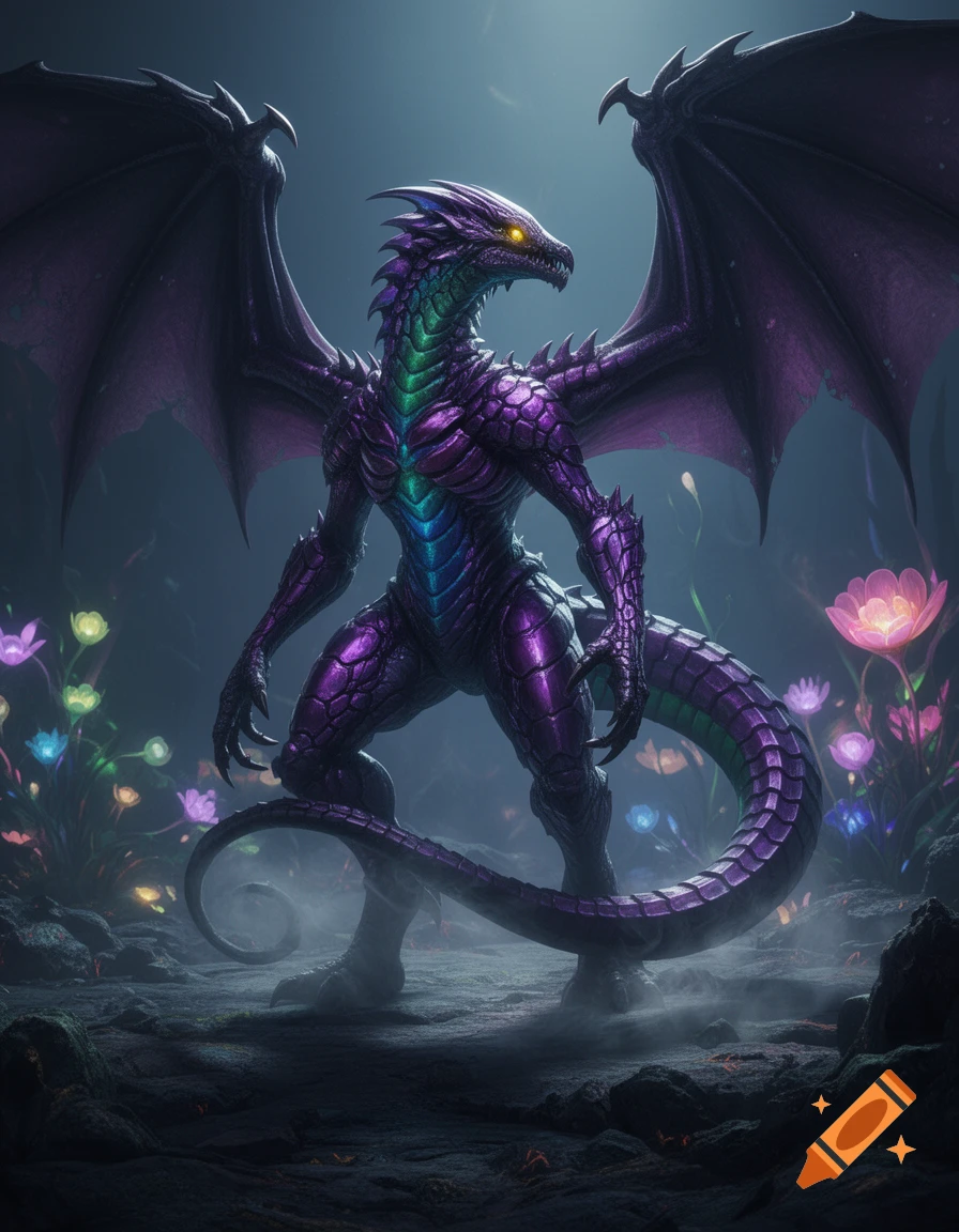 A large, vibrant purple and green dragon-like creature stands in a misty, dark fantasy landscape with glowing flowers.