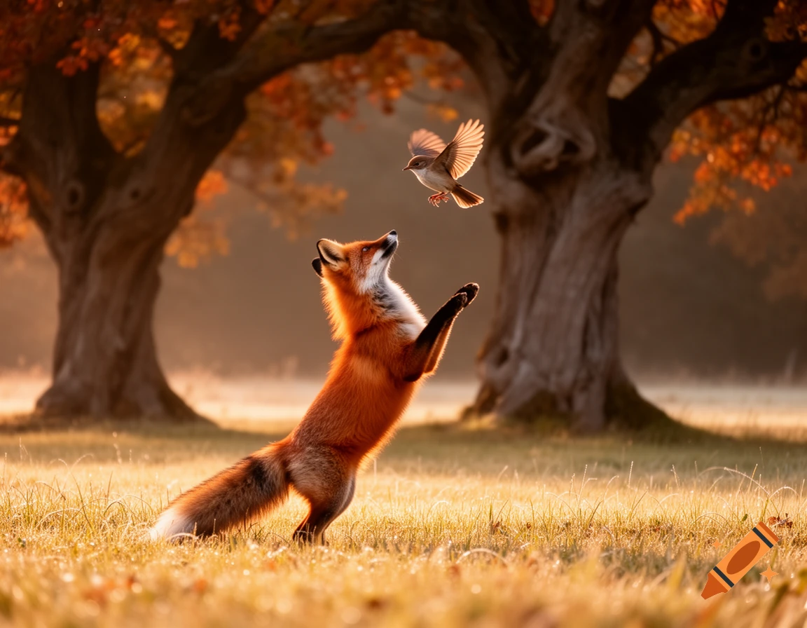 A red fox stands on its hind legs, looking up at a small bird flying above, in a golden autumn field.
