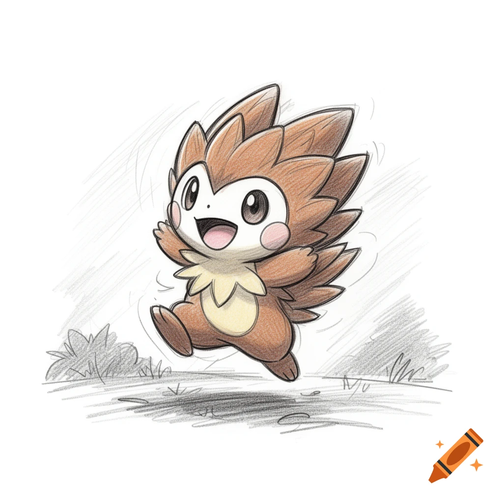 A cheerful brown and tan cartoon hedgehog-like creature, resembling Chespin, jumps happily in a sketch style illustration.
