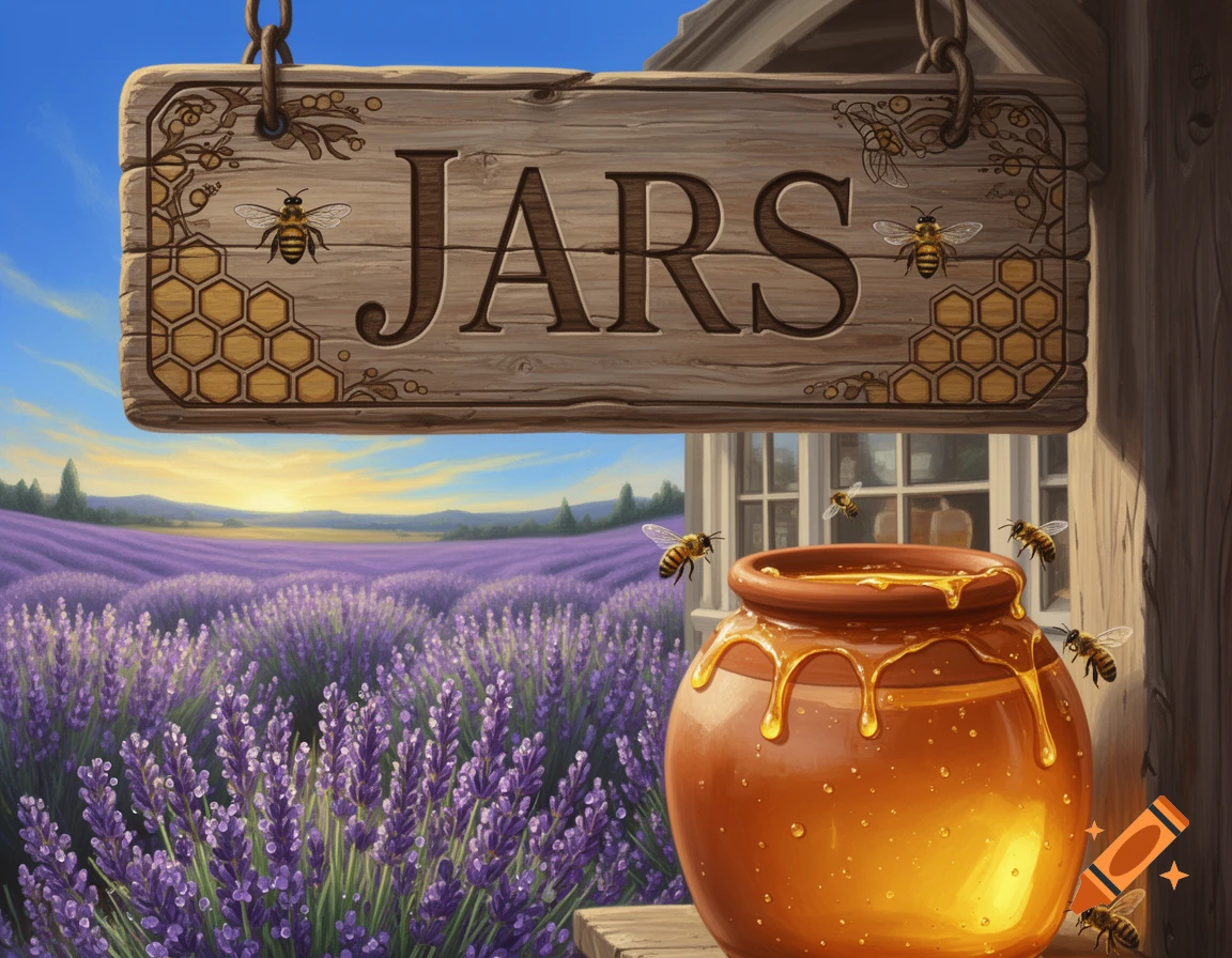 A rustic wooden sign reading 'JARS' hangs above a honey pot with bees, set against a vibrant lavender field at sunset. Illustration.