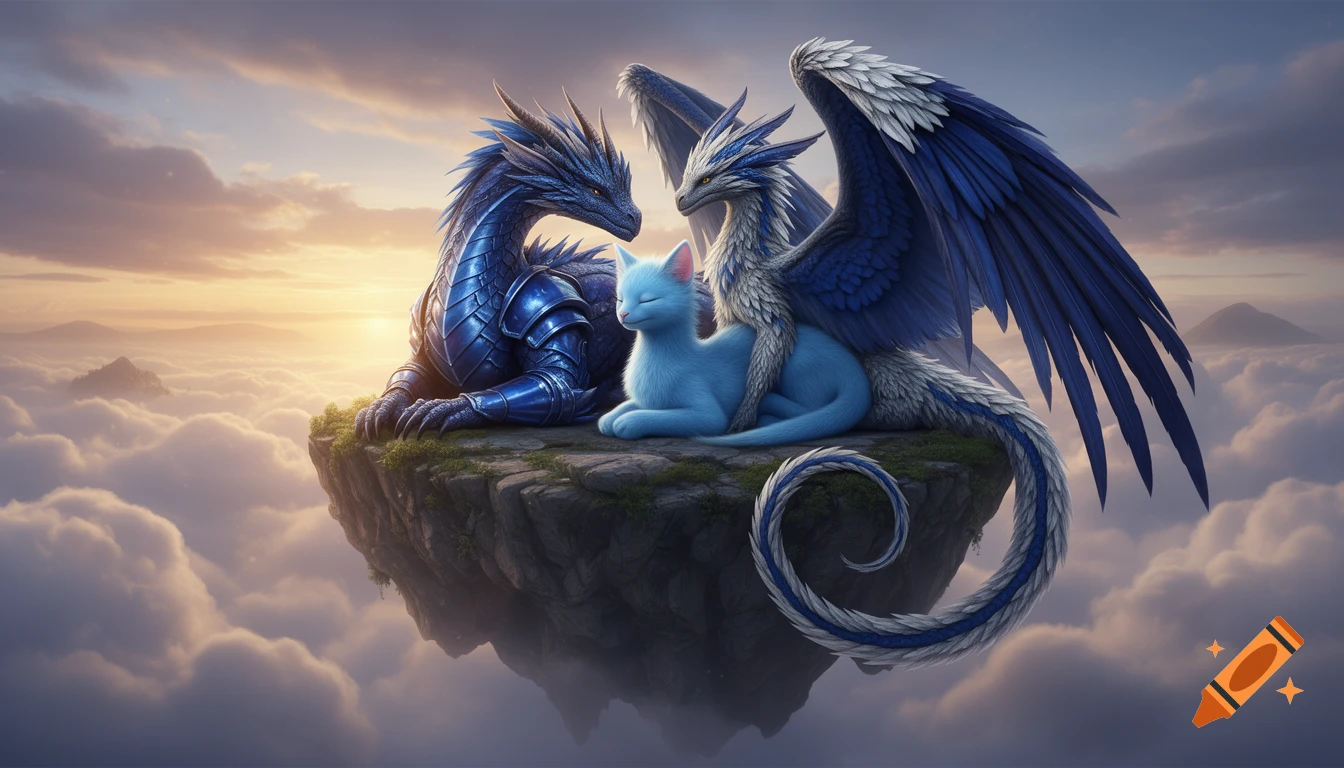 Two blue and silver dragons cuddle a light blue cat-like creature on a floating island above clouds at sunset.