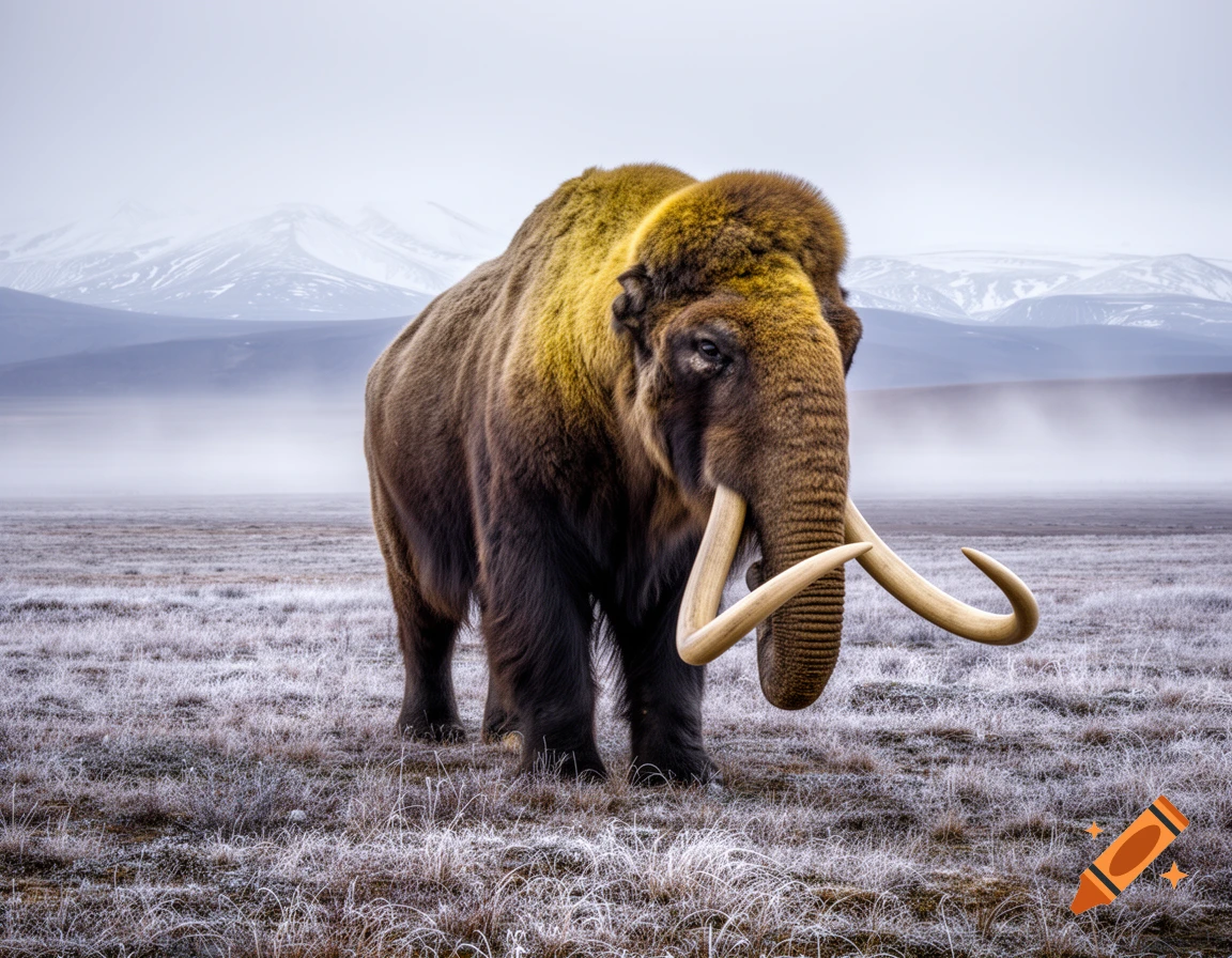 A photorealistic woolly mammoth with long tusks stands in a frosty, misty field with snow-capped mountains in the background.