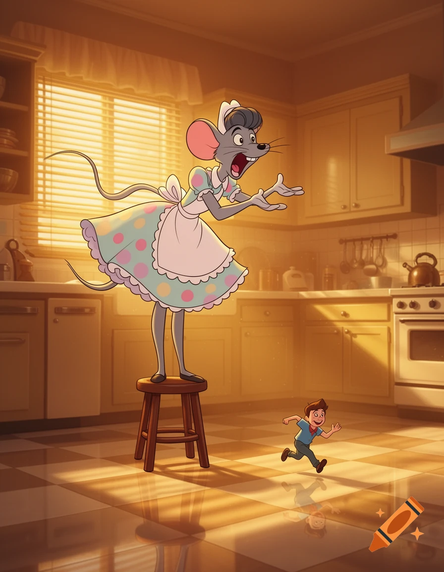 A cartoon mouse on a stool screams at a tiny human child running in a kitchen, 2D animated style.