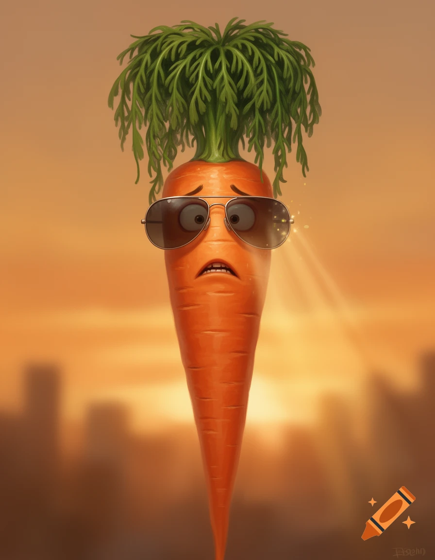 A tall, skinny cartoon carrot with green leafy hair and sunglasses looks scared against an orange sunset city background.