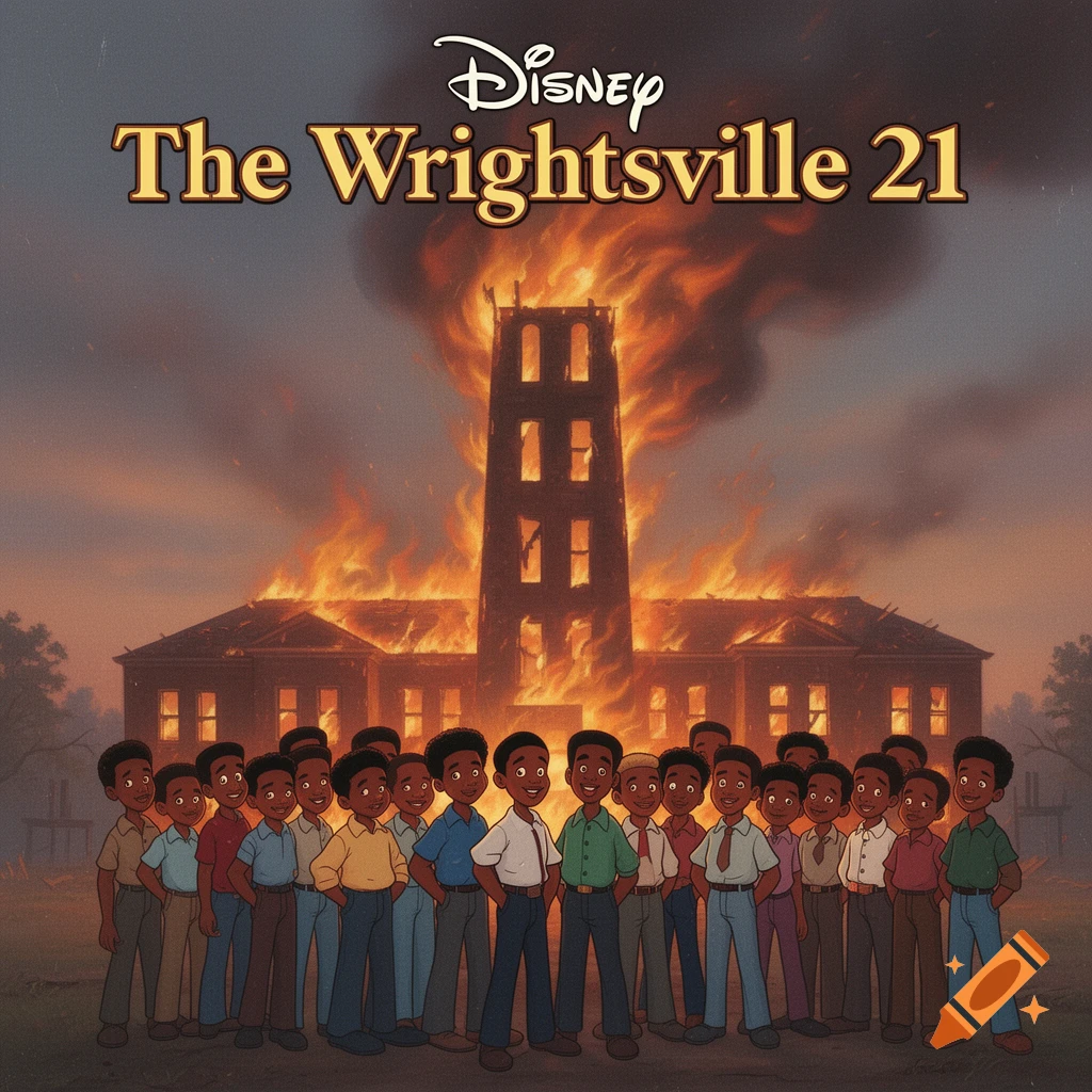 A cartoon movie poster features 21 Black boys smiling in front of a large building engulfed in flames, under a "Disney The Wrightsville 21" title.