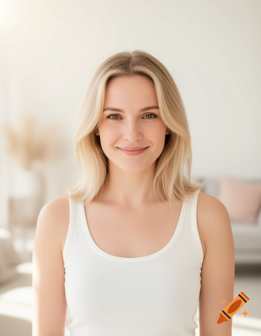 A smiling blonde woman in a white tank top looks directly at the viewer in a brightly lit room.