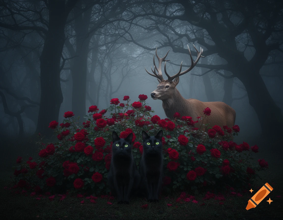 Two black cats sit among red roses, a stag stands behind them in a dark, foggy forest. Photorealistic.